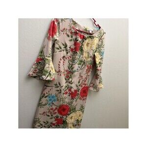 new york and company dress xs Brown Floral bell sleeves Beige Work small m A1